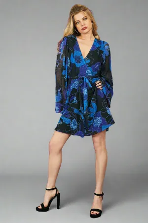 Long Sleeved Blue Floral Wrap Mini Dress | Hallie